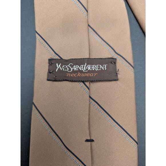 Yves Saint Laurent Tie Mens Brown Blue Stripe YSL Logo Necktie Classic Old Money - Picture 2 of 5